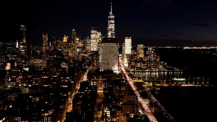 Night Downtown New York In Manhattan New York United States. Bustling Downtown Cityscape With...