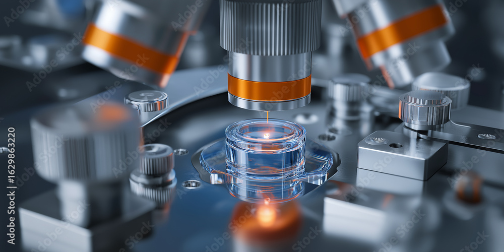 Poster microscopic device assembly in high tech lab, showcasing precision engineering and advanced technolo