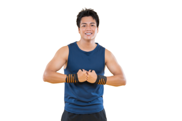 A fit man is enthusiastically greeting, preparing for exercise on png background