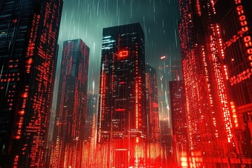 Red binary code storm over futuristic skyscrapers