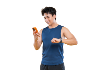 A person checking fitness tracking application on png background