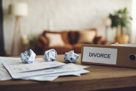 Divorce financial paperwork stress concept. Documents related to divorce are scattered on a table in a cozy, well-lit room.