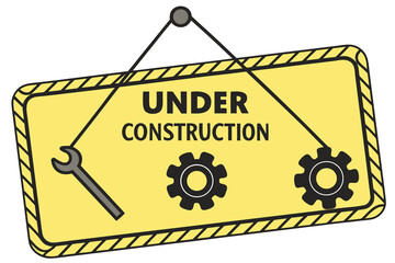 Vector art of yellow under construction sign with wrench and gears hanging by ropes isolated on white background