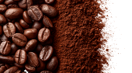 Border corner of roasted coffee beans and ground coffee powder, isolated