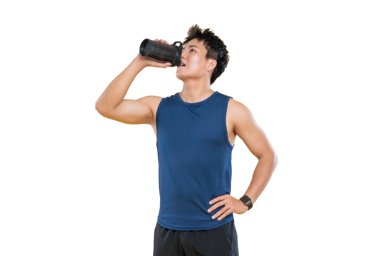 A man drinks water from a bottle after workout session on png background - Powered by Adobe