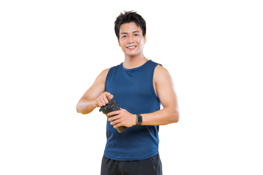 A young man opens his water bottle with a cheerful face. Dressed in athletic attire, the man prepares for exercise and hydration on png background - Powered by Adobe