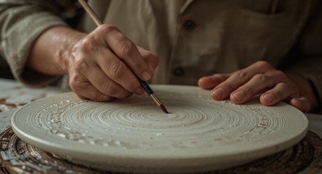 Artisan's Hands Detailing Ceramic Plate on Pottery Wheel: Close-up of Craftsmanship and Creative Process - Powered by Adobe
