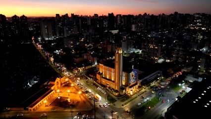 Sunset Catholic Church In Curitiba Parana Brazil. Bird Eye View Of Church Standing Tall Amidst...