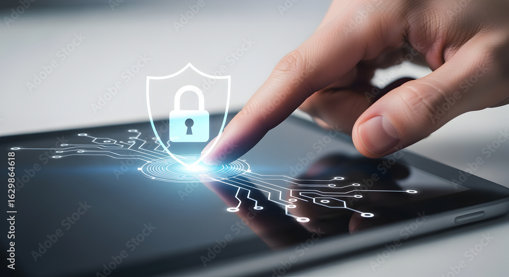 Poster hand touching digital tablet displaying cybersecurity shield and padlock on white background for dat