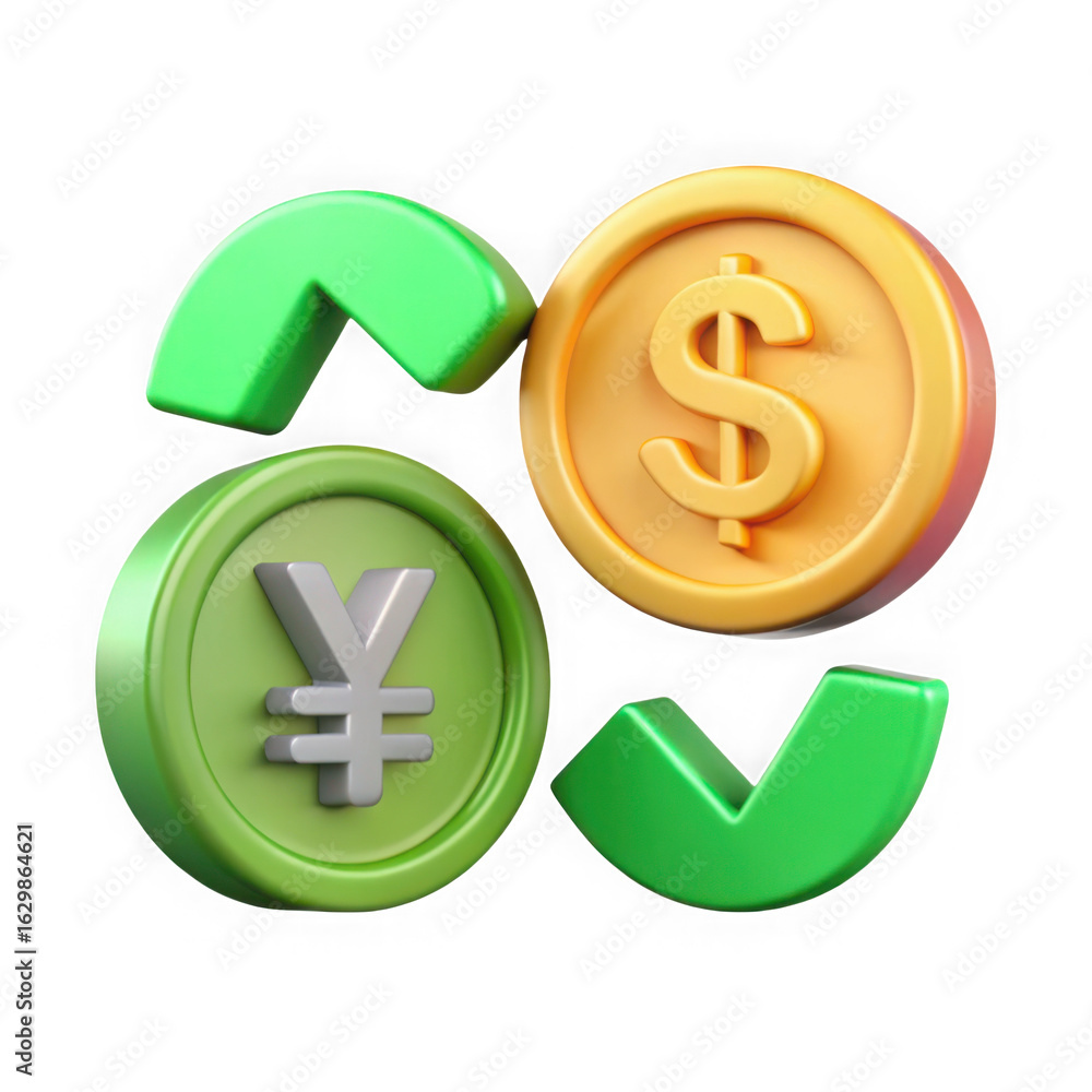 Poster 3d illustration of a dollar coin and yen coin rotating with green check marks representing currency 