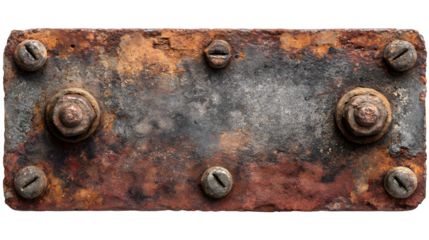 Rusted metallic plate with bolts, isolated on white
