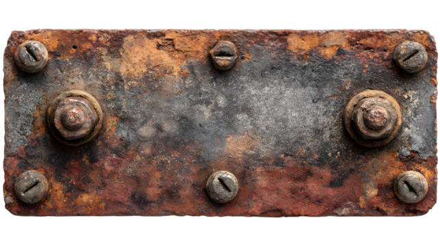 Rusted metallic plate with bolts, isolated on white