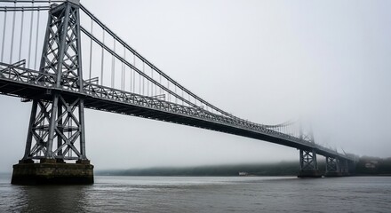 Naklejka premium Majestic suspension bridge spans misty river with dramatic steel towers