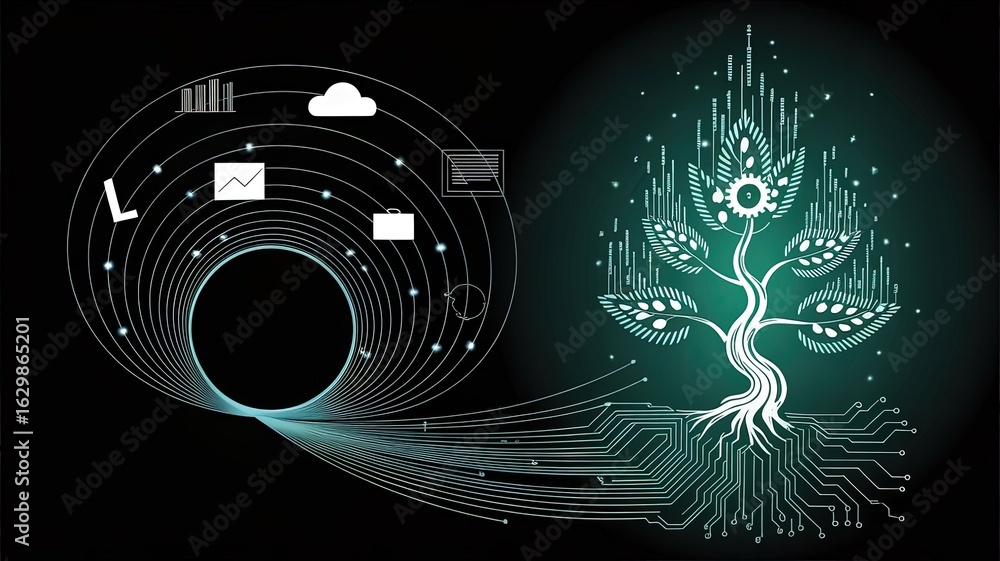 Poster digital data tree: a captivating fusion of technology and nature. a digital tree flourishes with int