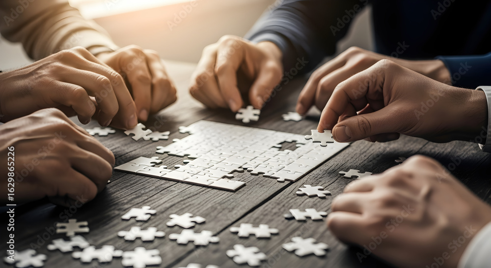 Poster hands arranging white jigsaw pieces on dark wooden table symbolizing teamwork and strategic problem 