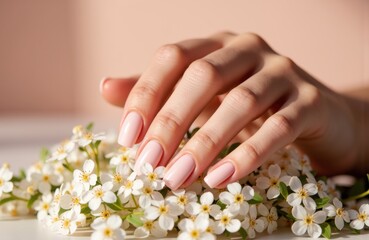 Woman's hand resting on a cluster of small white flowers with soft lighting and neutral background
