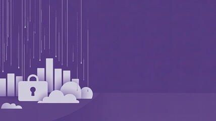 Secured Data in Cyber Space:  A digital rendering of cloud computing and cyber security with a lock protecting a city silhouette and rain effect on a violet color background.