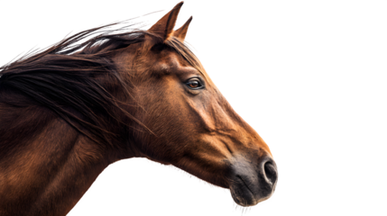 Brown horse head profile with soft mane, isolated on white