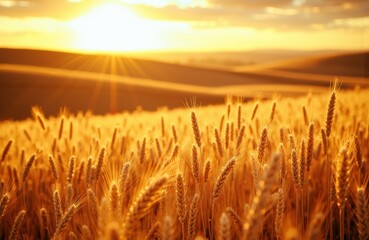 Fototapeta premium Golden wheat field illuminated by sunrise with warm sunlight and clear sky