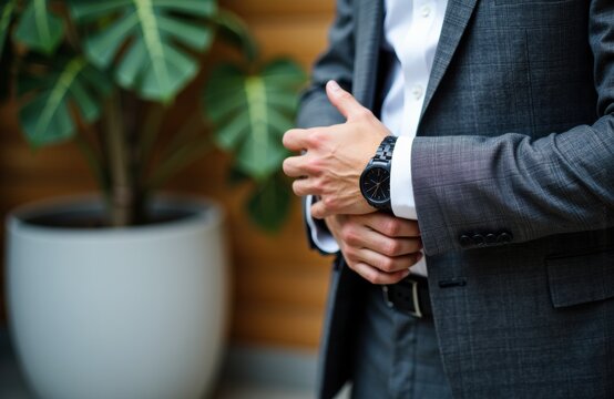 A businessman adjusting his wristwatch in a professional setting
