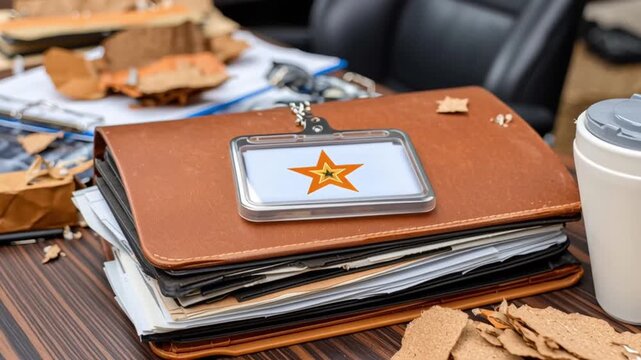Cluttered workspace showcases brown leather folder with star emblem, surrounded by scattered papers, creating sense of disorganization and inspiring creativity in office environment
