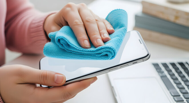 Hands Cleaning Smartphone Screen with Blue Microfiber Cloth on White Desk with Laptop and Books in Bright Indoor Setting