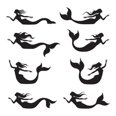 A set of ten elegant black silhouette illustrations of mermaids, presented as a cohesive sticker sheet against a pristine white background. 