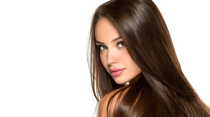 Naklejka premium Brunette woman with long straight hair posing, isolated on white
