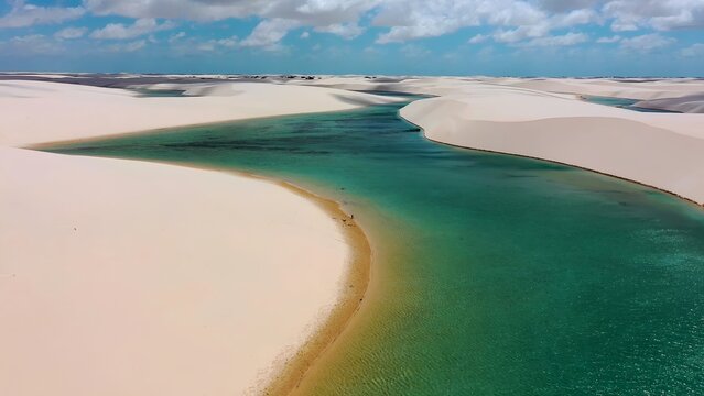 Lencois Maranhenses Skyline In Atins Maranhao Brazil. Turquoise Lagoons And Sand Dunes Creating Inspiring Landscape. Shore Clouds Sky Beach Sea. Seaside Panorama. Atins Maranhao.