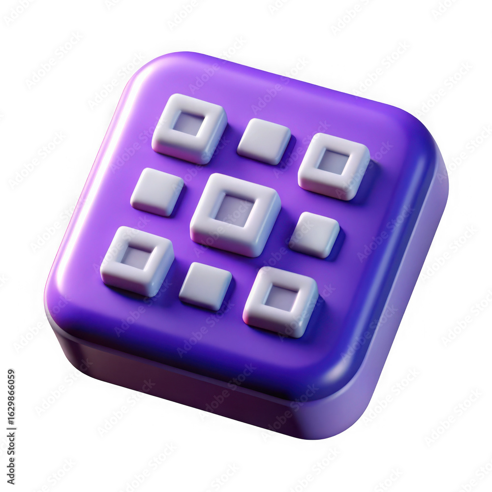 Poster 3d illustration of a purple square button with a grid of white squares creates a modern and minimal 