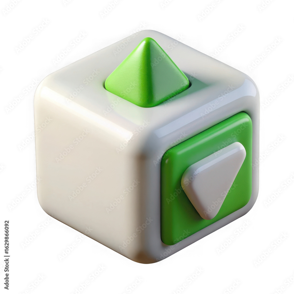 Poster 3d illustration of a clean and modern 3d illustration of a white cube with green geometric shapes cr