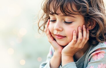 Obraz premium A young girl with curly hair rests her face in her hands with a peaceful expression