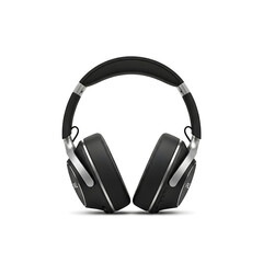 A close-up studio shot of modern black and silver headphones, isolated.