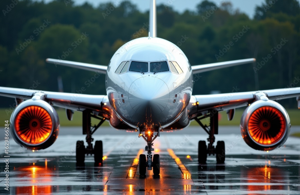 Poster commercial airplane positioned on runway with engines running and landing lights illuminated