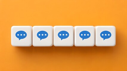 Digital Communication Concept – White Blocks with Blue Chat Icons on Orange Background, Messaging, Connectivity, Technology, Abstract Interaction, Dialogue Strategy