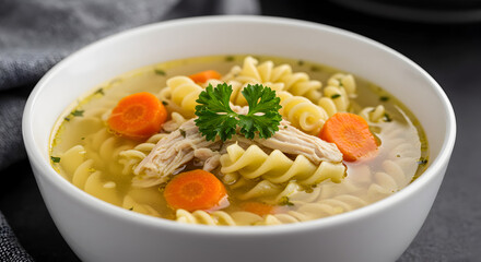 Steaming Hot Chicken Noodle Soup with Fresh Parsley and Carrot Slices