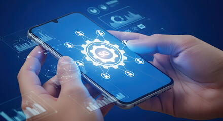 Hands Hold Smartphone Displaying 5G Network Symbol And Tech Icons In Digital Blue Theme