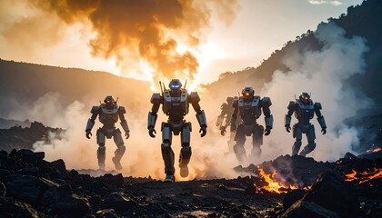 Robots Marching Through Smoky Wasteland Landscape