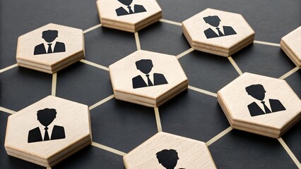 Organizational Network Structure – Hexagonal Tiles with Business Silhouettes and Connection Lines, Abstract Business Concept, Team Collaboration, Corporate Hierarchy, Strategy, System Design