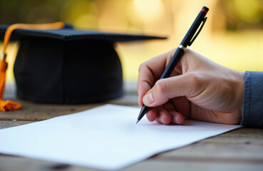 Woman's hand writing on blank paper with a pen outdoors during daytime