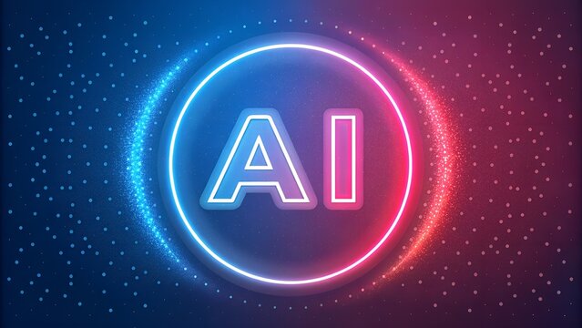 Ai letters in a glowing circle with blue and red lights on a dark blue background with dots