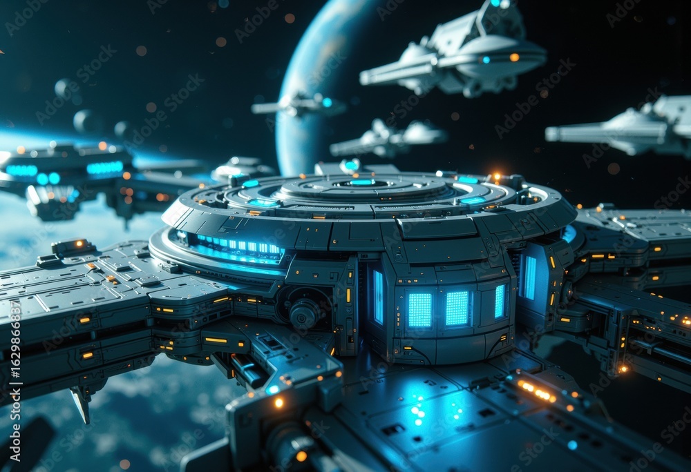 Poster futuristic space station orbiting a distant planet with advanced spacecraft