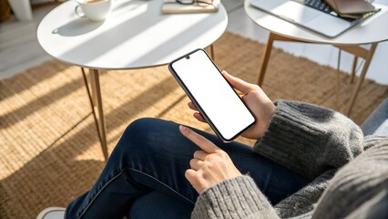 Woman using smartphone with blank screen in living room near coffee and laptop on tables indoors