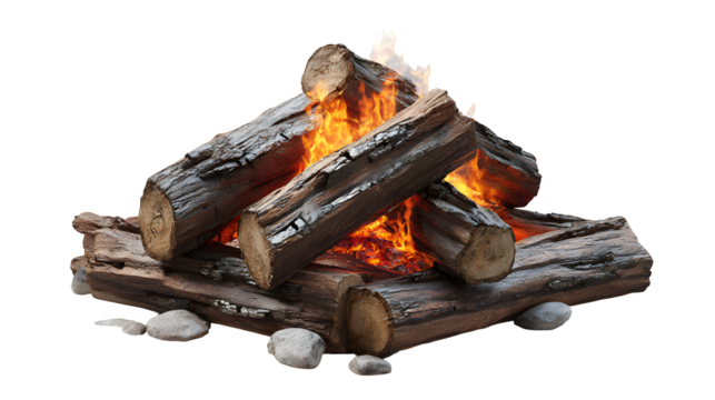 Campfire with stacked logs and glowing embers, realistic render on white