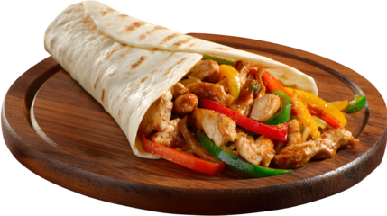 Chicken fajita with vegetables on wooden plate, isolated on white