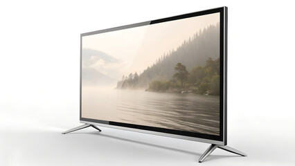 Fototapeta premium A flat screen television displaying a serene lake landscape with misty trees on the screen