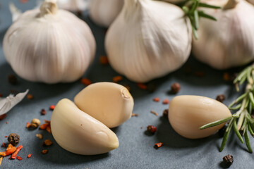 Fresh garlics with rosemary and peppercorns on grey background, closeup