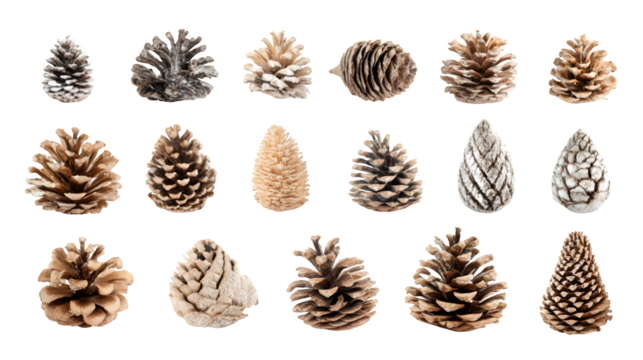 Christmas-themed pine cone collection with variety of shapes, isolated on white