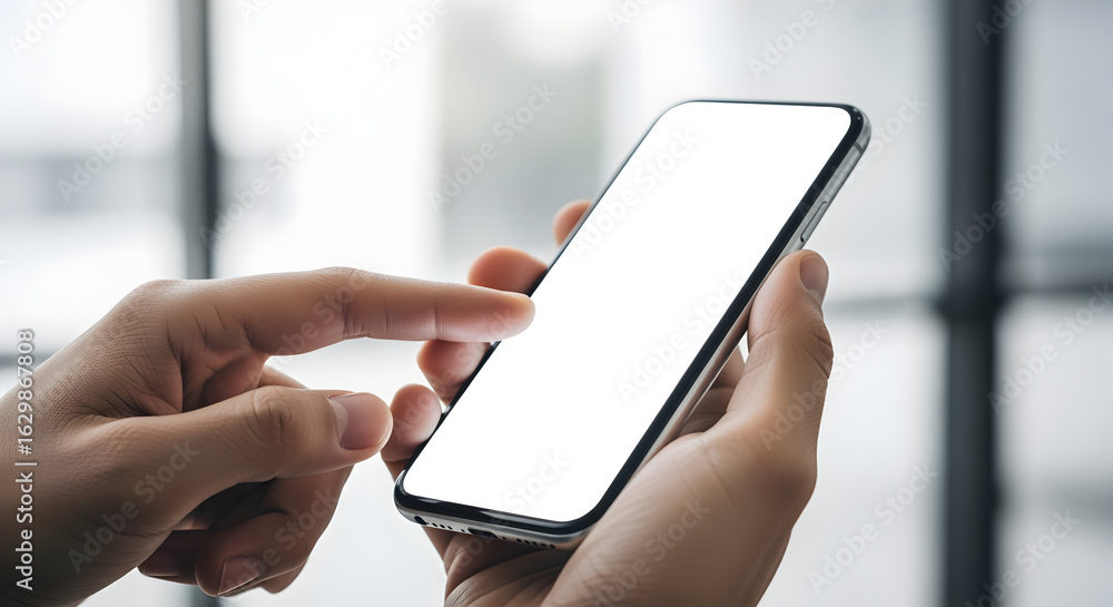 Poster hands holding blank screen smartphone for application design mockup in modern neutral window backgro