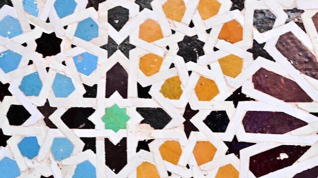 Closeup of zellige tilework in Marrakech, Morocco